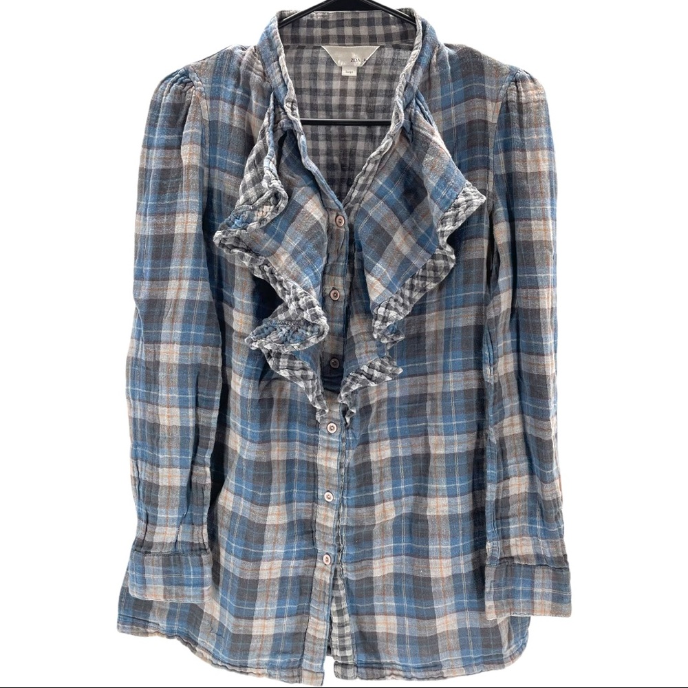 ZOA Y2K / 90’s New York Plaid Jabot Button Up Flannel Blouse Classic Elegant Top